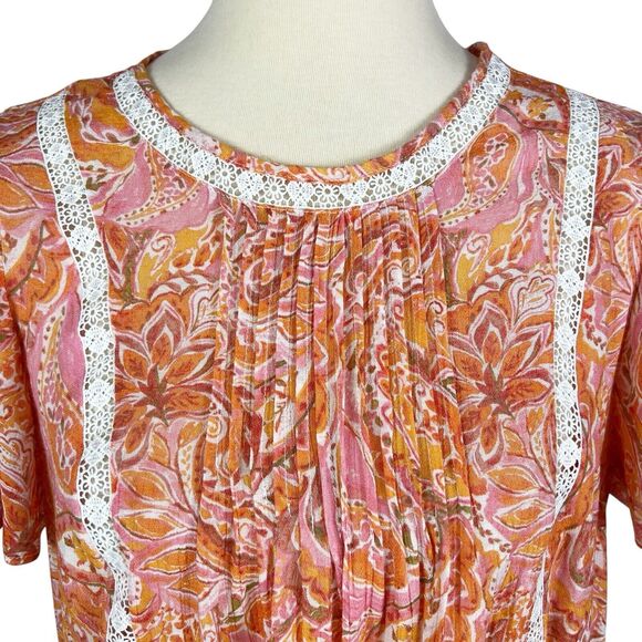 Nanette Lepore Orange Pink Floral Crochet Lace Short Flutter Sleeve Top Medium - Picture 2 of 8